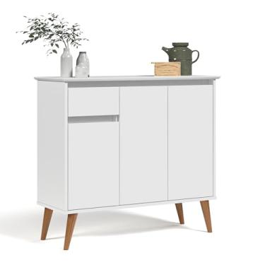 Imagem de Aparador Balcão Armário Bancada Cozinha Cantinho do Café Buffet Sala de Jantar Bar e Estar com 3 Portas e 1 Gaveta Retrô Veneza - Branco