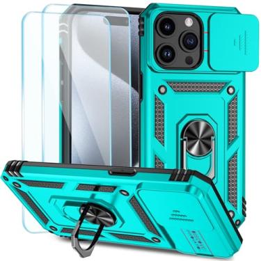 Imagem de SunStory Capa compatível com iPhone 15 Pro com protetor de tela HD e capa de câmera deslizante e suporte de anel girado, capa de telefone [de grau militar] para iPhone 15 Pro, azul-petróleo