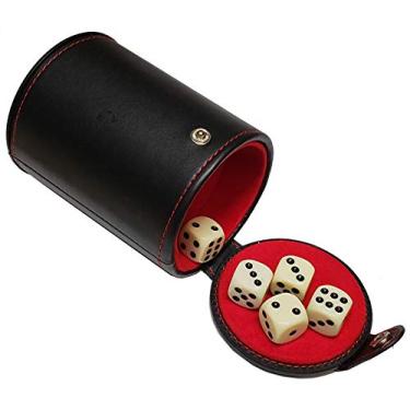 Imagem de Conjunto de copo de dados com compartimento de armazenamento de couro PU preto forrado com feltro vermelho + (5) dados de pôquer de 16 mm (caixa de presente) (dados de pip/dot (cantos arredondados) -