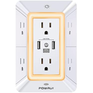 Imagem de Protetor contra surtos de tomada múltipla – 6 extensores de saída com 3 portas USB (1 USB C) e luz noturna, filtro de energia de 3 lados com tomadas espaçadas com adaptador - branco, listado ETL