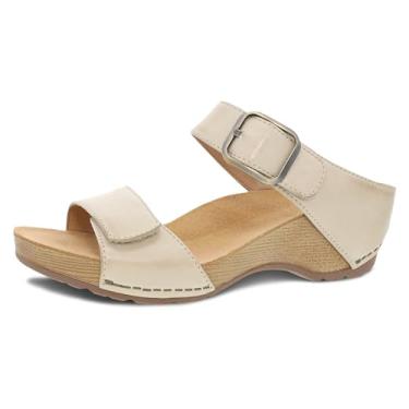 Imagem de Dansko Tanya Sandália anabela sem cadarço para mulheres – Palmilha acolchoada e contornada para conforto e suporte o dia todo – Alça de velcro com detalhe de fivela – Sola de borracha leve, linho,