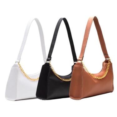Imagem de Kit 3 Bolsas Femininas Baguetes Correntes Lisas de Ombro e Mão Pequenas (Branco/Preto/Caramelo)