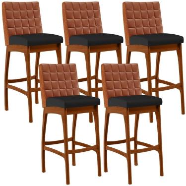 Imagem de Kit 5 Banquetas Alta Fixa Mila B04 Madeira Eucalipto Assento Estofado Couro Sintético Couríssimo Camel Lyam Decor