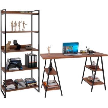 Imagem de Kit Mesa Cavalete 150 Cm Com Estante 5 Prateleiras Nogal