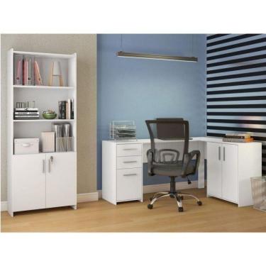Imagem de Conjunto Home Office 2 Peças 1 Mesa Em L 3 Portas 1 Armário 2 Portas 2 Prateleiras Espresso Móveis Branco