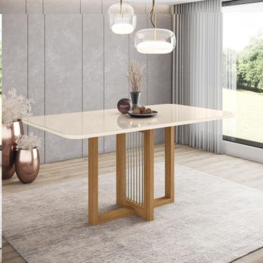 Imagem de Mesa De Jantar Com Tampo Mdf E Vidro Com Canto Arredondado 160 Cm Natalí Henn Nature Com Off White