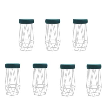 Imagem de Kit 07 Banqueta Com Encosto Mhara Hexágono Cozinha Bar Ferro Branco Suede Azul Turquesa - Amey Decor