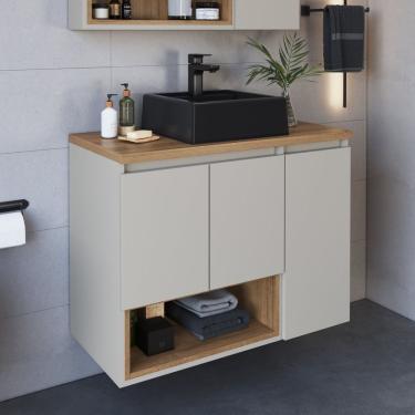 Imagem de Gabinete De Banheiro Suspenso 80cm Cecília Com 3 Portas E 1 Nicho Com Cuba Mel/arenas