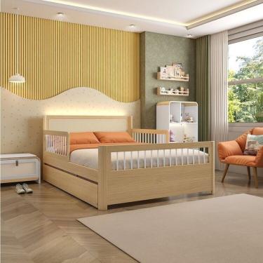 Imagem de Bicama Casal Wave Infantil Reversível Em Led Com Rattan E Grade De Proteção Palito Casatema Branco Natural