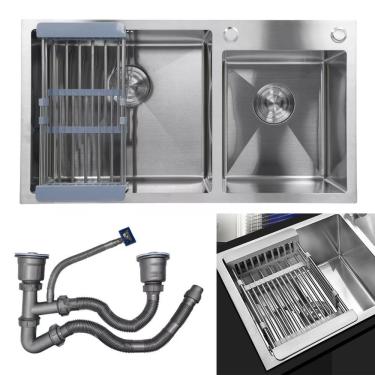 Imagem de Cuba Cozinha Dupla Goumert Aço Inox Escorredor Luxo Lava Louça Alimentos Limpa Pia Balcao Bancada Area Externa