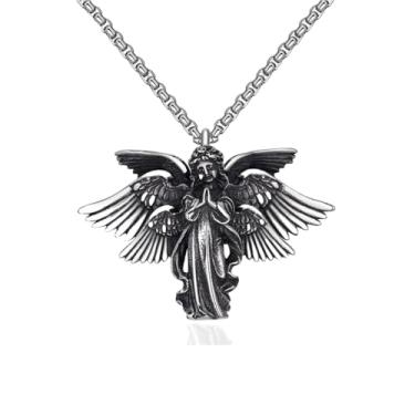 Imagem de YWMAN Colar de asas de anjo da guarda, pingente de oração serafim de aço inoxidável, joia de amuleto de anjo gótico de seis asas presente, 1.5 Inches, Aço inoxidável, Sem Pedra Preciosa