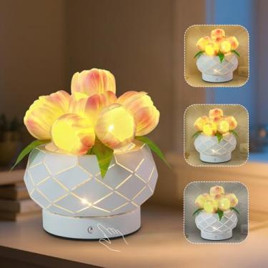 Imagem de Lâmpada de flor de tulipa, lâmpada de tulipa recarregável, luz noturna de flores artificiais de LED com vaso e 3 temperaturas de cor, luminária de mesa sem fio de toque regulável, presente exclusivo