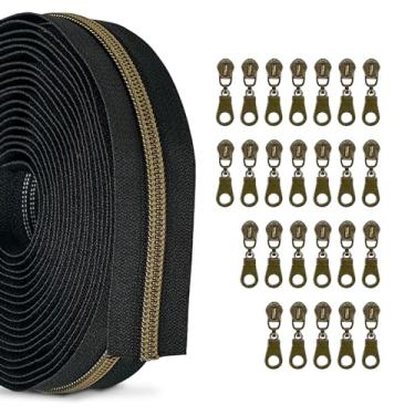 Imagem de zynzaoacs #5 Zíper Por Jarda Com Puxadores, Fita Preta Contínua (10 Jardas) E Puxadores De Latão Antigo À Prova Ferrugem (25 Peças), Zíperes A Granel Para Costura Bolsas Carteiras, Rolo Nylon Cortáv
