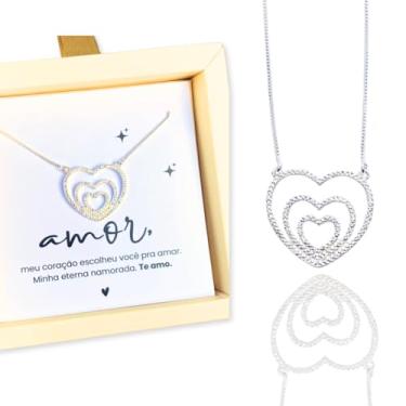 Imagem de Colar Feminino Prata 925 Banhado com Pingente de 3 Corações Presente Namorada Esposa Romântico
