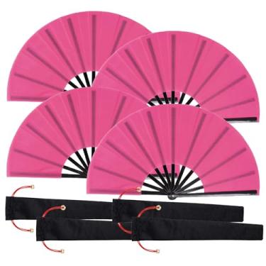 Imagem de Nydotd 4 pacotes de leques grandes de rave leques dobráveis de mão pano de nylon dobrável com manga de suporte para homens e mulheres dança chinês Kung Fu Tai Chi decorações festa (rosa vermelha