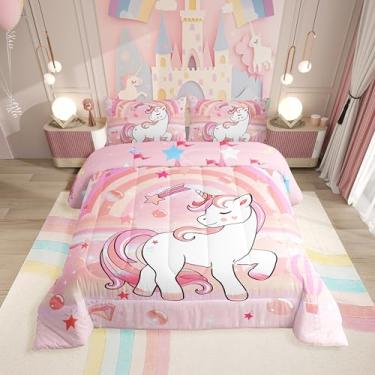 Imagem de Erosebridal Conjunto de cama de unicórnio, solteiro, kawaii, arco-íris, unicórnio, decoração de quarto para meninas, crianças, desenho animado, cavalo, ombré, unicórnio, estrelas, edredom rosa, 2