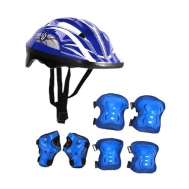 Imagem de oshhni Conjunto de capacete de bicicleta infantil protetor de alta confiabilidade capacete de patinação equilíbrio equipamento de bicicleta para esportes de, Azul Escuro