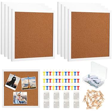 Imagem de 8 pacotes de quadro de avisos de cortiça com moldura, quadro de cortiça decorativo de linho pequeno quadro de empurrar com 32 pinos de pressão 16 clipes para foto de parede de escritório escola e casa (branco, quadrado)