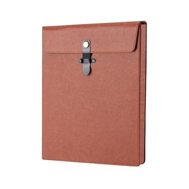 Imagem de QiXin Pasta de arquivo grossa de couro PU marrom, organizador de arquivos com fecho de pressão, pasta de documentos importante, organizador de documentos, capa para notebook, pasta de arquivamento de