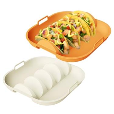 Imagem de Conjunto de 2 placas de suporte de tacos de silicone, suporte reutilizável de placas de taco com alça para festa, bandeja de taco para conjunto de servir, seguro para forno para assar, lava-louças e