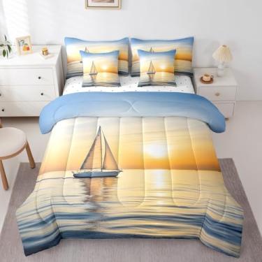 Imagem de Feelyou Conjunto de edredom King com tema náutico infantil com estampa de barco à vela, oceano, mar, natureza, verão, praia, férias em uma bolsa com edredom, lençóis, fronhas e capa de almofada