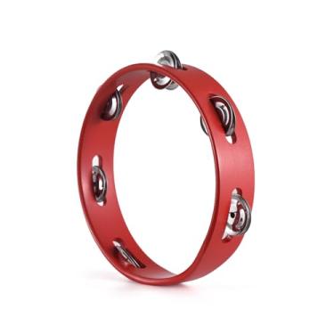 Imagem de HXYIG Pandeiro de 20,32 cm para adultos, som agradável, vermelho, com manivela, instrumentos de percussão de som de sino de metal de madeira, suprimentos de festa escolar em casa, pandeiro de madeira