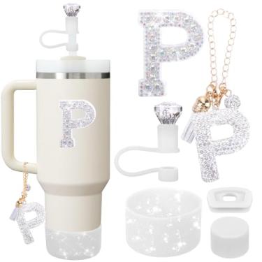 Imagem de Mity rain Conjunto De Acessórios Para Copo Stanley, Decorações Com Iniciais, 30/40 Oz, Incluindo Tampa Canudo Diamantes, Antiderramamento, Botas Silicone Brilhantes, Alça Pingentes Letras Az (P)