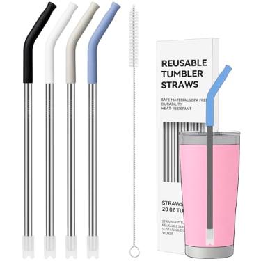 Imagem de Soledea Pacote com 4 canudos de metal reutilizáveis, canudos de aço inoxidável com ponta de silicone para copo de 590 ml, canudo de substituição longo para YETI, STANLEY, US Acrylio, BJPKPK, Simple