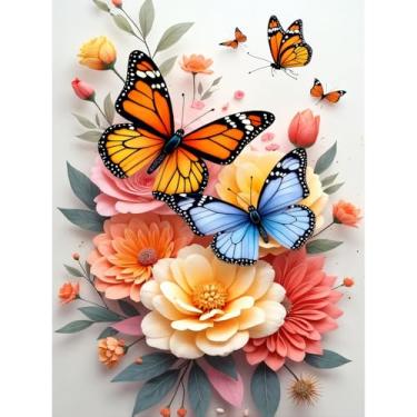 Imagem de Huacan Kit de pintura de diamante 5D para adultos, flores, broca redonda, tela DIY com arte de diamante, borboleta, foto, cristal, strass, bordado, ponto cruz, decoração de parede para casa 11,8 x