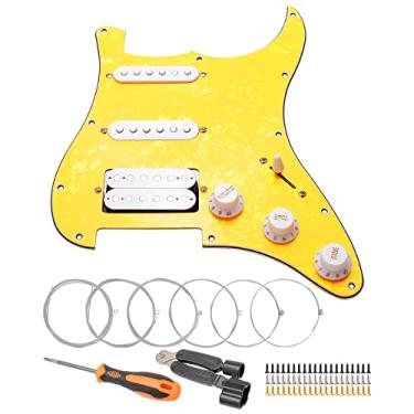 Imagem de Unxuey Escudo de guitarra carregado com 11 furos SSH com captador branco Humbucker conjunto de placas de raspar pré-conectadas para Fender Stratorcast, pérola amarela de 4 camadas, com cordas de guitarra e ferramenta de instalação
