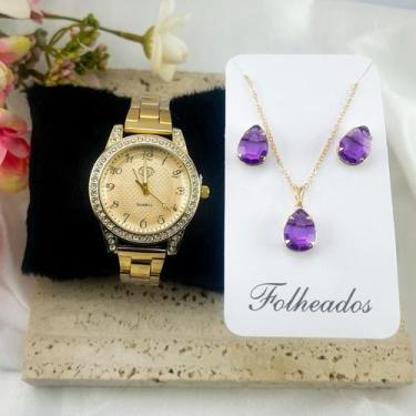 Imagem de Relogio feminino a prova dágua DHP kit de colar e brinco folheado - No