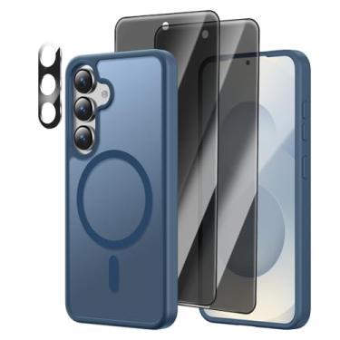 Imagem de [4 em 1] Capa magnética para Samsung Galaxy S25, 2 películas protetoras de tela de privacidade e 1 protetor de câmera fotográfica, adequado para MagSafe, capa militar à prova de choque translúcida