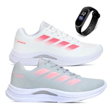 Imagem de Kit 2 Tênis Feminino Academia Caminhada Corrida Leve Confortável VUKS + Relógio Digital (Branco e Cinza, BR, Adulto, Numérico, 38)