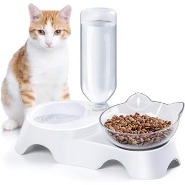 Imagem de MILIFUN Tigelas duplas para cães e gatos – Conjunto de tigela de água e comida para animais de estimação, conjunto de tigela de água e comida inclinada de 15° com garrafa de água automática para cães