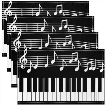 Imagem de Jogo americano com tema de música, preto, branco, piano, teclado, tapetes para crianças, adolescentes, adultos, notas musicais, linhas geométricas, tapetes de cozinha para mesa de jantar, 30 x 45 cm