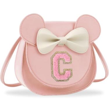 Imagem de Presentes de aniversário para meninas de 2, 3, 4, 5, 6, 7, 8, 9 e 10 anos de idade, bolsa infantil infantil para meninas pequenas com laço de orelha de rato personalizado, Letra rosa pequena, C, C