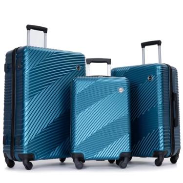 Imagem de Kacenray Conjunto de bagagem de 3 peças (51 cm/61 cm/71 cm), PC durável + mala leve ABS com rodas giratórias de 360° e dois ganchos, conjunto de bagagem de mão e equipamento de viagem despachado, Azul