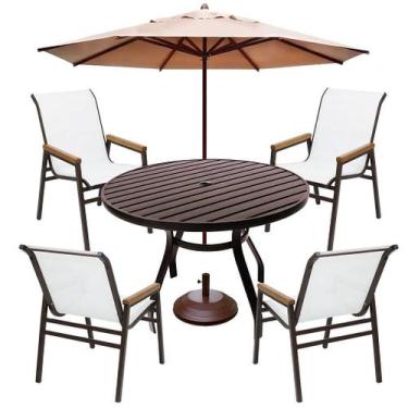 Imagem de Jogo de Mesa 90cm Alumínio 4 Cadeiras Piscina Jardim + Guarda Sol - No