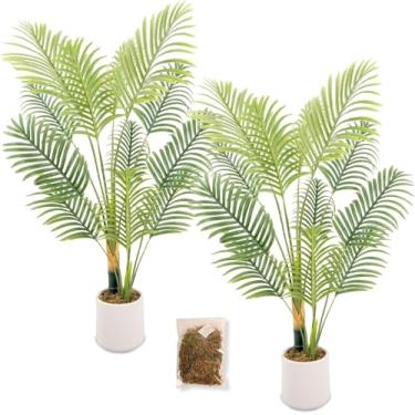 Imagem de MCTYBB Palmeira artificial falsa de 1,2 m, pacote com 2 plantador branco e musgo livre, palmeira artificial resistente a UV para ambientes externos, plantas falsas para decoração de quarto à beira da