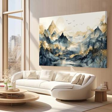 Imagem de Quadros Decorativos para Quarto Sala 40x60 Paisagem Abstrato Montanhas Azul Bege Grande Escritório Hall