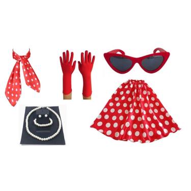 Imagem de Fantasia Anos 50 60 Lenço Pulseira Oculos Colar Luva Saia
