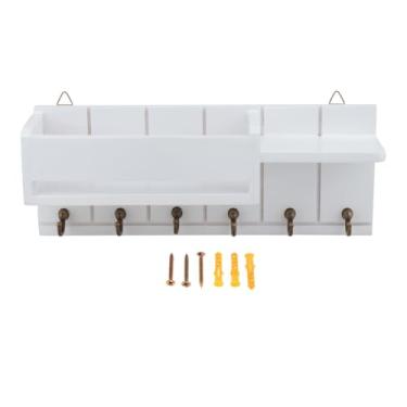 Imagem de Ioensy Porta-chaves de madeira para correspondência, moderno, com 6 ganchos, decoração para casa, organizador de parede, prateleira para chaveiro, bolsa de, Branco