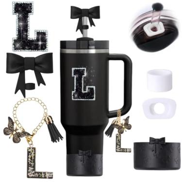 Imagem de Conjunto de 6 peças de acessórios para copos Stanley Pretos, Topper de canudo com laço para Stanley Cup 850 g 1,134 g, incluindo cobertura de palha e bota de silicone com laço, tampas à prova de