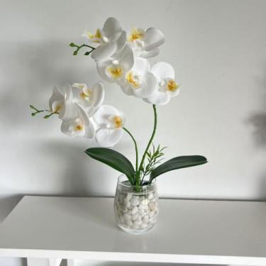 Imagem de jeseea JEVA Flor de orquídea branca artificial Phalaenopsis + arranjos de vasos brancos de orquídea falsa peça central para mesa de sala de jantar