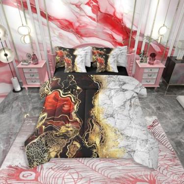 Imagem de Erosebridal Conjunto de edredom King preto e vermelho com 7 peças, cinza, mármore, abstrato, para crianças e adultos, conjunto de cama com lantejoulas metálicas douradas, decoração de quarto