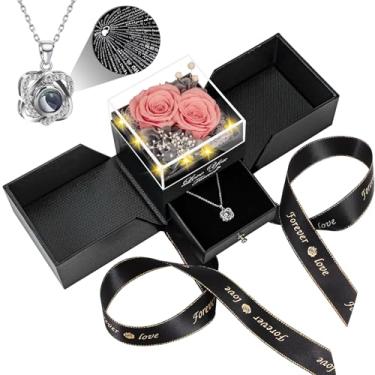 Imagem de Colar com 2 rosas reais preservadas com coração I Love You - Presentes de aniversário rosa eterna para mulheres, esposa, namorada, mãe dela, presentes de festivais, Natal, Dia dos Namorados, Dia das