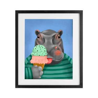 Imagem de Stupell Industries Impressão emoldurada preta de hipopótamo e cone de sorvete design sob vidro por Jilly Jack Designs, 16 x 13