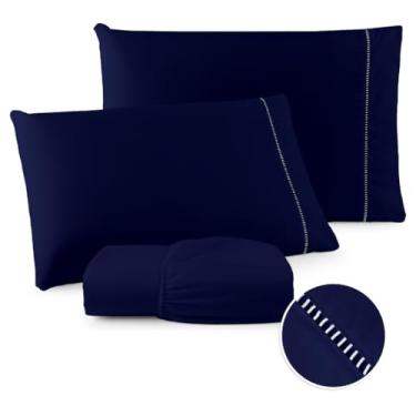 Imagem de Jogo de Lençol 03 Peças 400 Fios Cama Casal Queen King Solteiro Micropercal Ponto Palito (Azul Marinho, Casal)