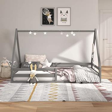 Imagem de IDIMEX Cama Montessoriana Menino Infantil Solteiro Madeira Maciça Casa Estrado Sila cor Cinza com estrado com telhado casinha