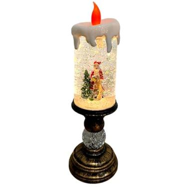 Imagem de Velas de Natal sem chama, globo de neve de Natal com música e neve caindo operado por bateria de LED velas falsas para decoração interna e externa, casamento, decorações de mesa (Papai Noel com árvore